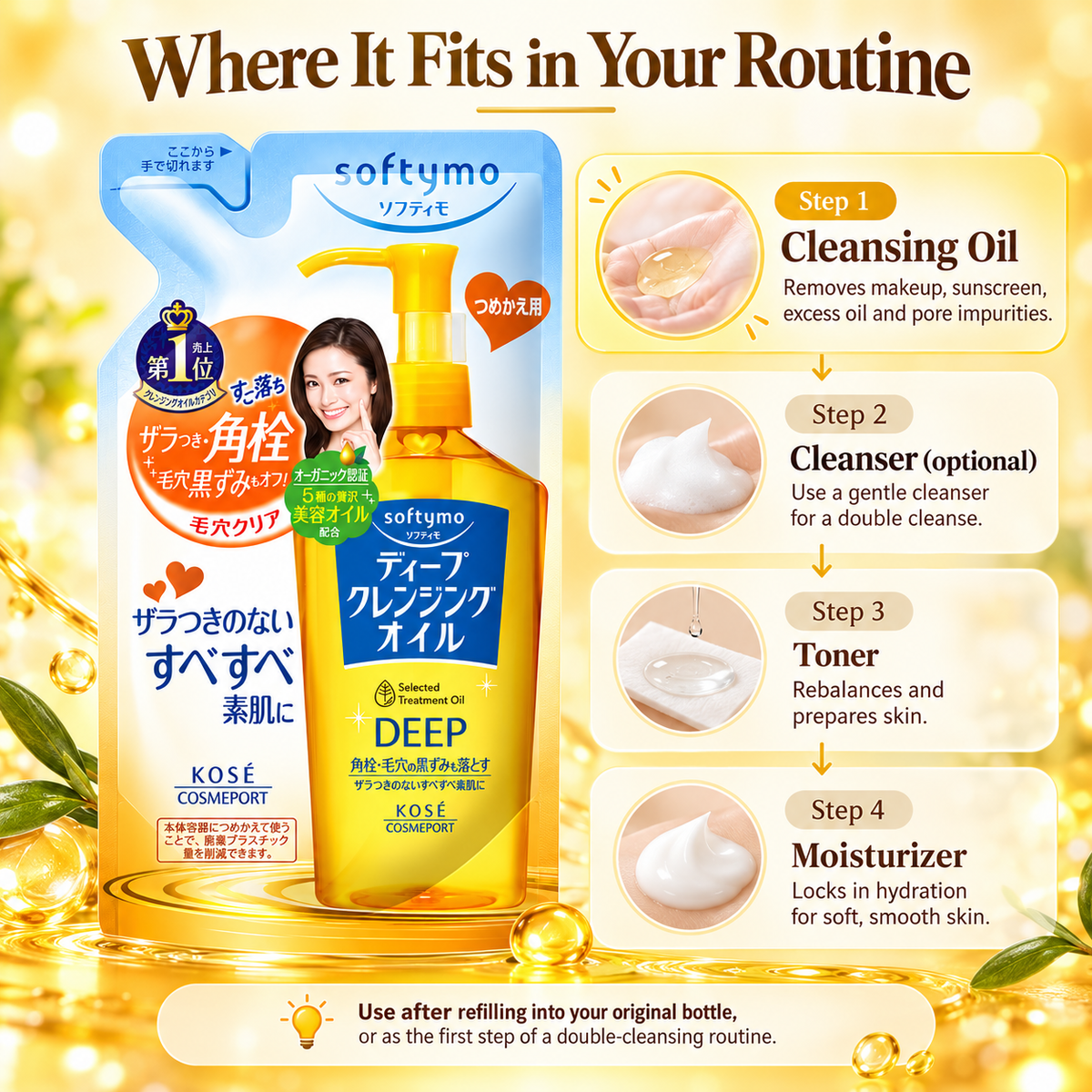 Kose Softymo Deep Cleansing Oil Refill 200ml skincare routine infographic showing cleansing oil, cleanser, toner and moisturizer steps