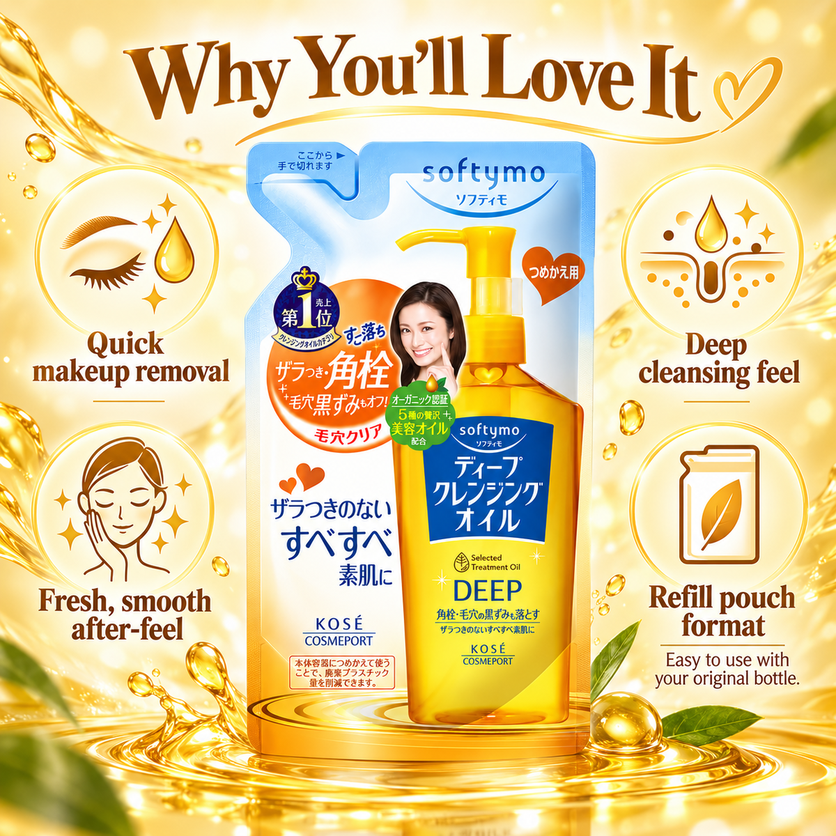 Kose Softymo Deep Cleansing Oil Refill 200ml infographic highlighting quick makeup removal, deep cleansing feel, smooth after-feel and refill pouch format