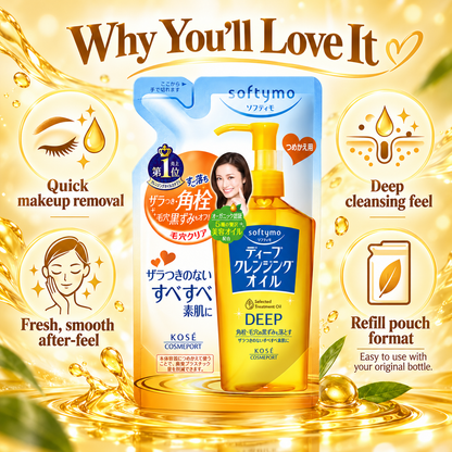 Kose Softymo Deep Cleansing Oil Refill 200ml infographic highlighting quick makeup removal, deep cleansing feel, smooth after-feel and refill pouch format