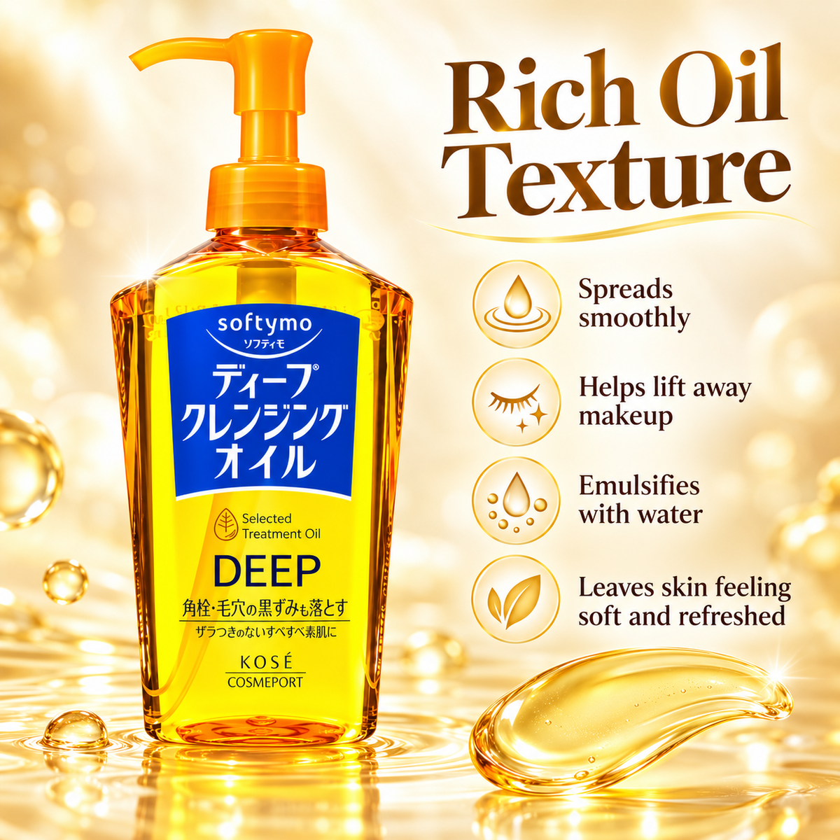 KOSÉ Softymo Deep Cleansing Oil rich oil texture infographic showing smooth application, makeup removal and clean rinsing