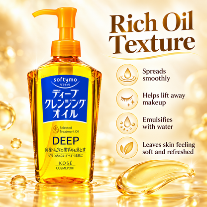 KOSÉ Softymo Deep Cleansing Oil rich oil texture infographic showing smooth application, makeup removal and clean rinsing