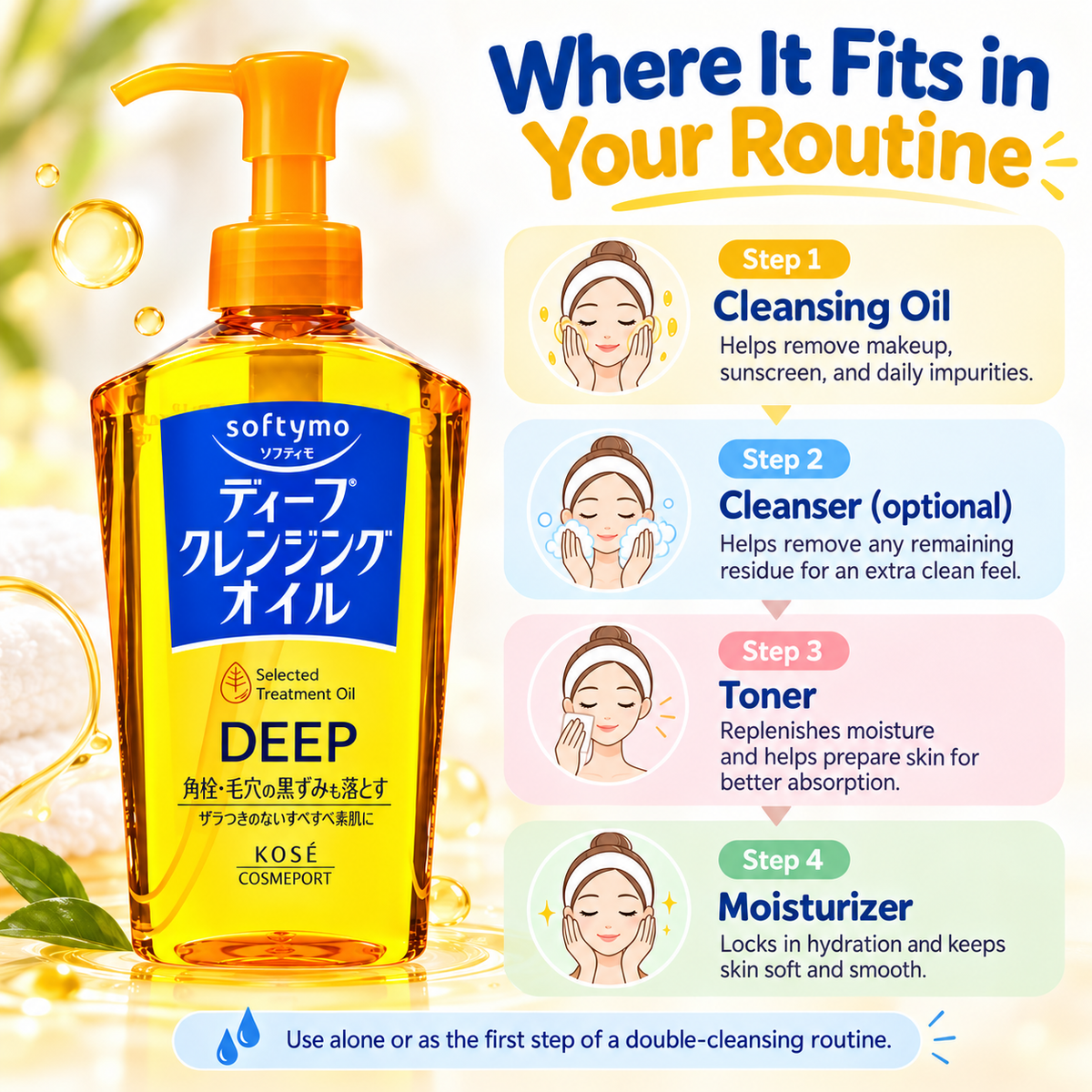 KOSÉ Softymo Deep Cleansing Oil skincare routine guide with cleansing oil, optional cleanser, toner and moisturizer