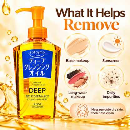 KOSÉ Softymo Deep Cleansing Oil infographic showing base makeup, sunscreen, long-wear makeup and daily impurities