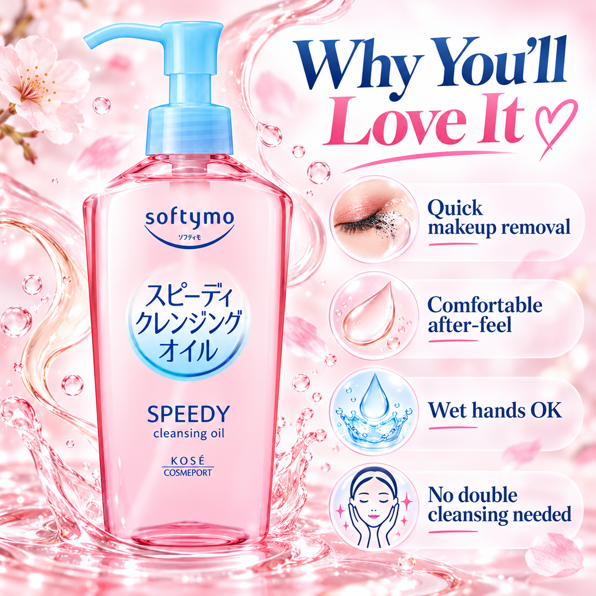 Kose Softymo Speedy Cleansing Oil benefits infographic for quick makeup removal, comfortable after-feel, wet hands use, and no double cleansing needed