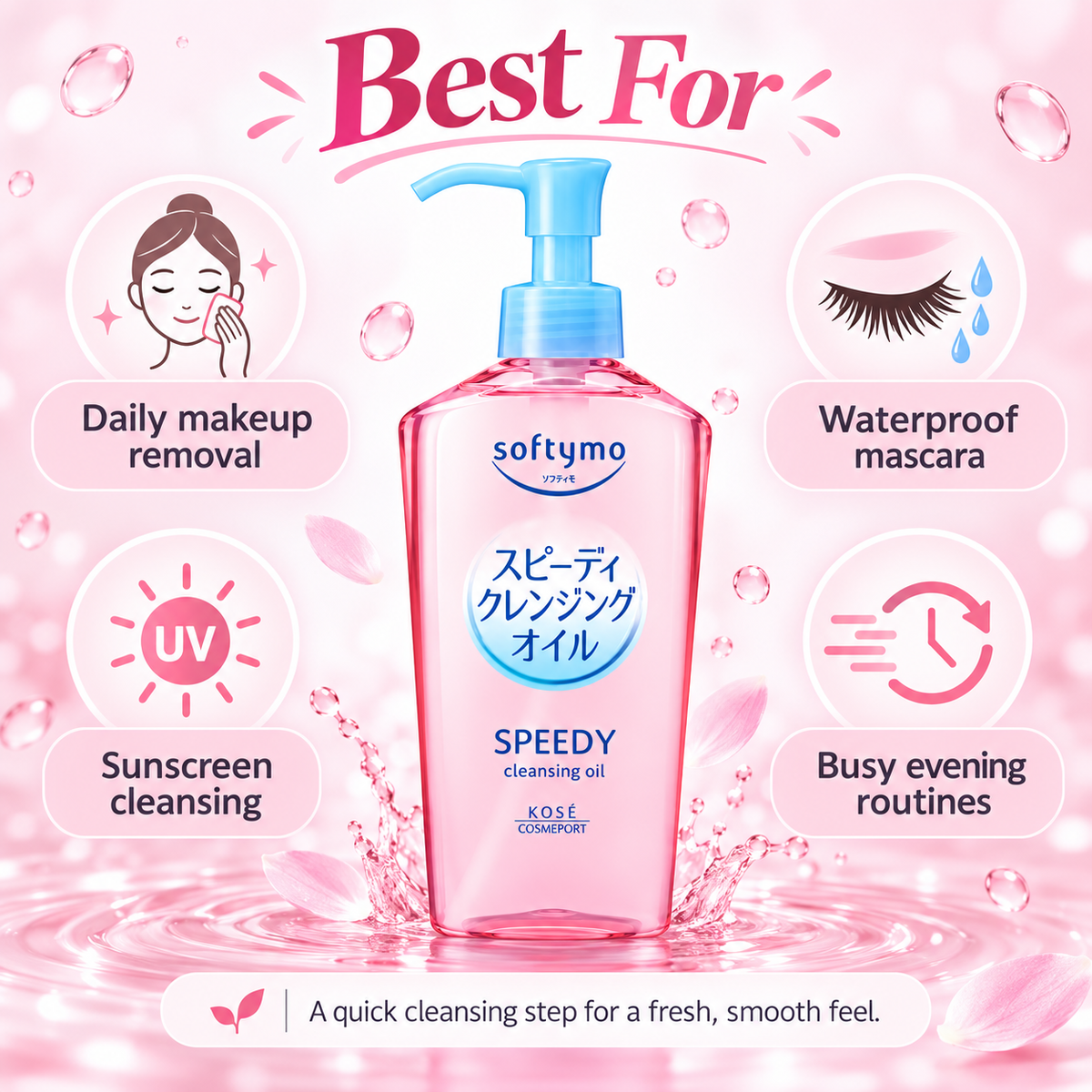 Kose Softymo Speedy Cleansing Oil best for daily makeup removal, waterproof mascara, sunscreen cleansing, and busy evening routines