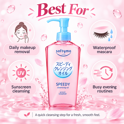 Kose Softymo Speedy Cleansing Oil best for daily makeup removal, waterproof mascara, sunscreen cleansing, and busy evening routines