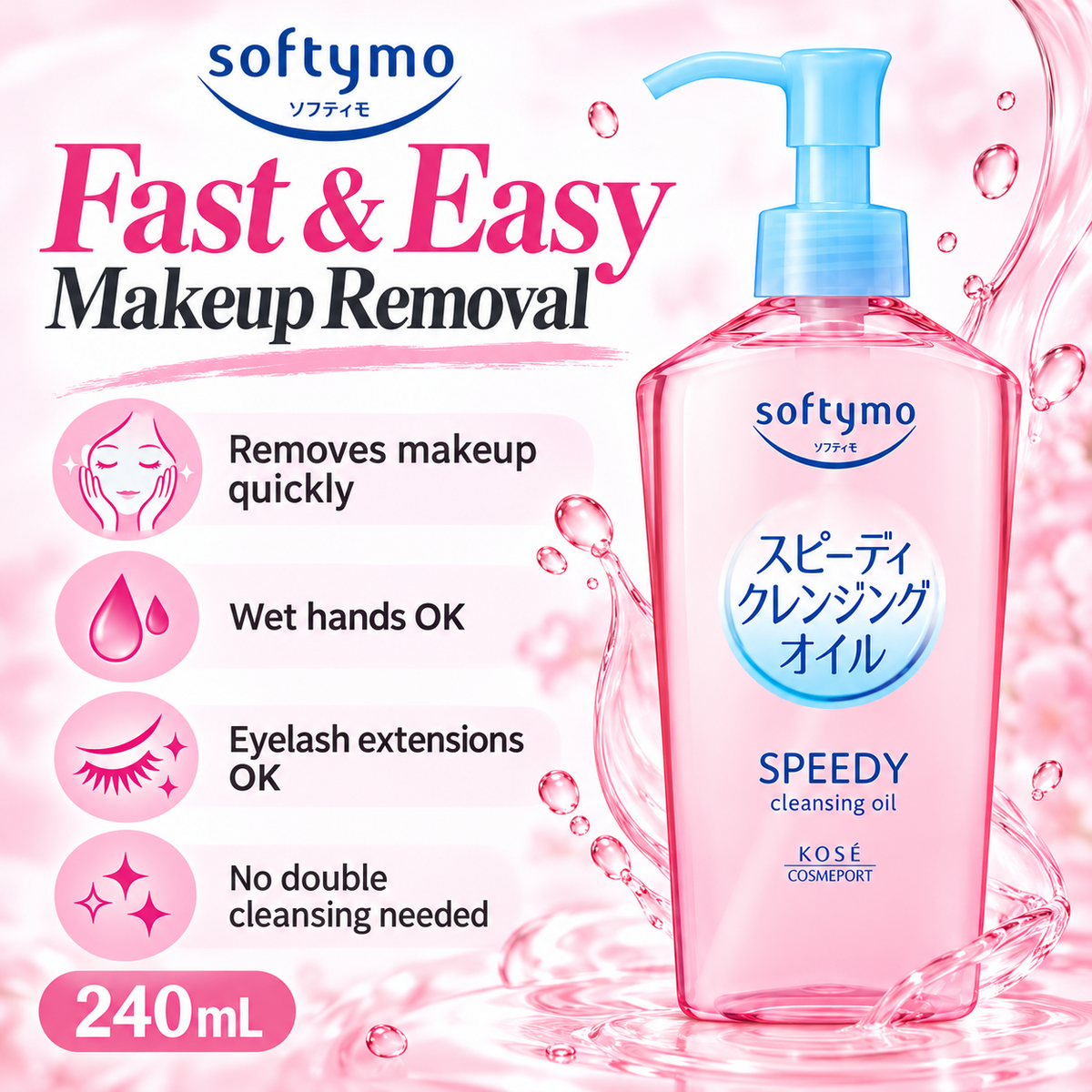 Kose Softymo Speedy Cleansing Oil infographic highlighting fast makeup removal, wet hands use, eyelash extension compatibility, and no double cleansing