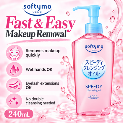 Kose Softymo Speedy Cleansing Oil infographic highlighting fast makeup removal, wet hands use, eyelash extension compatibility, and no double cleansing