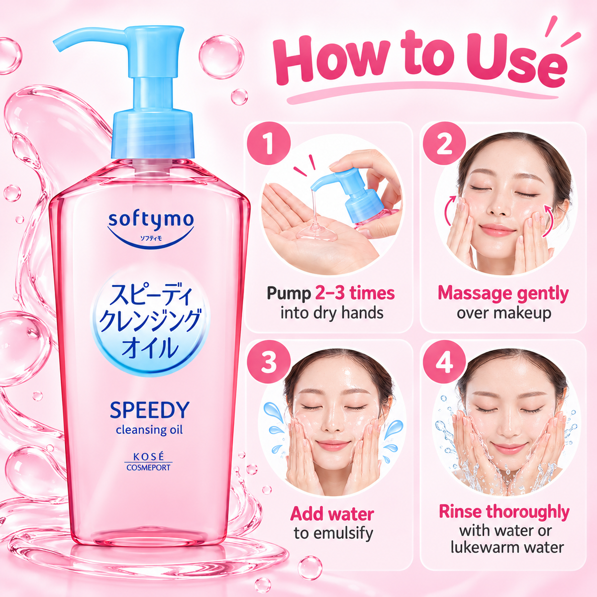 How to use Kose Softymo Speedy Cleansing Oil with 2 to 3 pumps, gentle massage, water emulsification, and thorough rinsing