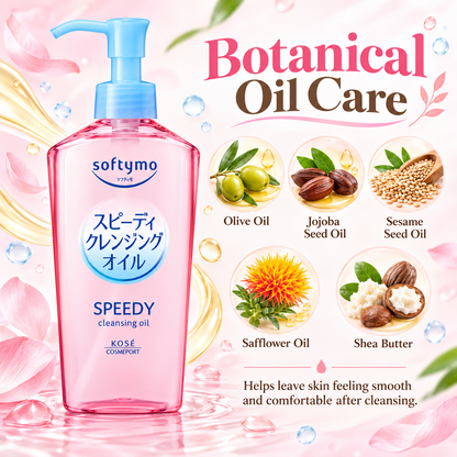 Kose Softymo Speedy Cleansing Oil botanical ingredients infographic with olive oil, jojoba seed oil, sesame seed oil, safflower oil, and shea butter