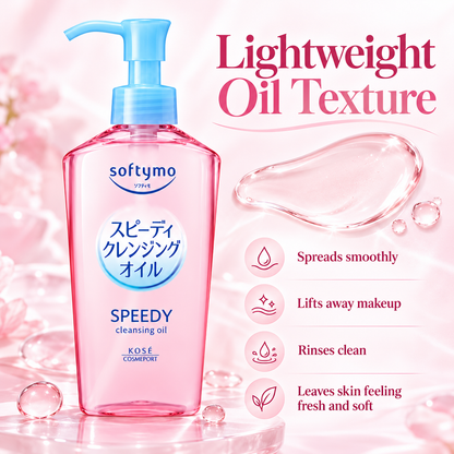 Kose Softymo Speedy Cleansing Oil texture infographic showing a lightweight oil that spreads smoothly, lifts makeup, rinses clean, and leaves skin feeling soft