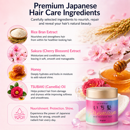 Ichikami hair mask ingredients rice bran sakura honey camellia oil Japanese hair care nourishment