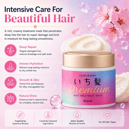 Before and after using Ichikami hair mask showing smooth shiny repaired hair transformation