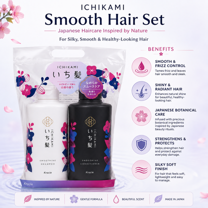 Kracie Ichikami Smooth Hair Set benefits infographic highlighting frizz control, silky smooth hair, natural shine, Japanese botanical care, and hair protection.