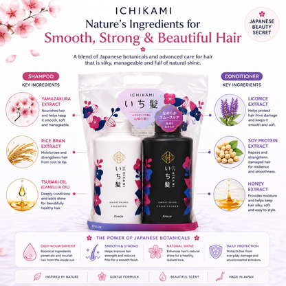 Kracie Ichikami Smooth Hair Set ingredient infographic featuring Yamazakura extract, rice bran extract, camellia oil, licorice extract, soy protein extract, and honey extract.