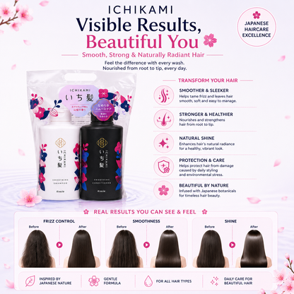 Kracie Ichikami Smooth Hair Set results infographic showing smoother, shinier, healthier-looking hair with reduced frizz and enhanced natural shine.