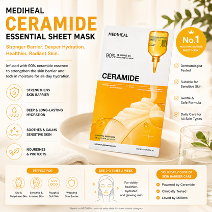 Mediheal Ceramide Essential Sheet Mask lifestyle image featuring daily moisture barrier care for hydrated, radiant, healthy-looking skin suitable for sensitive and dry skin types.