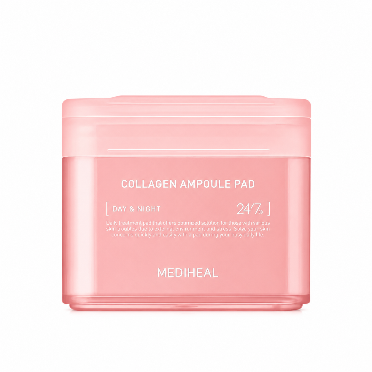 MEDIHEAL Collagen Ampoule Pad 100pcs main product image, pink collagen toner pad container on white background, Korean skincare firming and hydrating pad