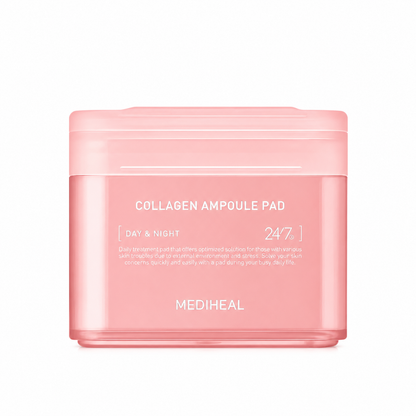 MEDIHEAL Collagen Ampoule Pad 100pcs main product image, pink collagen toner pad container on white background, Korean skincare firming and hydrating pad