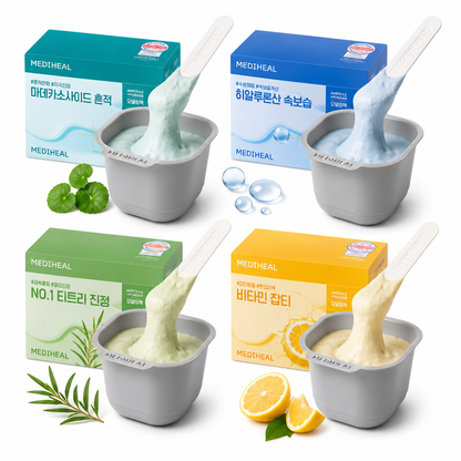 MEDIHEAL Derma Modeling Pack Mega Set featuring 4 variants including Madecassoside, Hyaluronate, Teatree, and Vitamin modeling masks displayed on a clean white background for Korean skincare product listing.