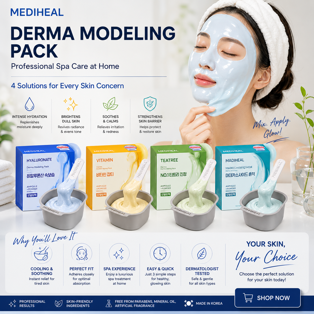 Luxury MEDIHEAL Derma Modeling Pack lifestyle image featuring Korean spa skincare routine with glowing skin, relaxing facial mask treatment, and professional at-home skincare experience.
