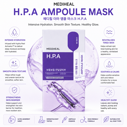 MEDIHEAL H.P.A Ampoule Mask benefits infographic showing hydration skin barrier strengthening smooth skin texture soothing care and healthy glow