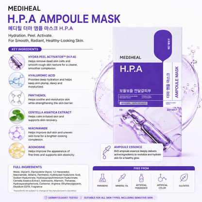 MEDIHEAL H.P.A Ampoule Mask key ingredients infographic featuring Hydra Peel Activator hyaluronic acid panthenol centella asiatica niacinamide and adenosine