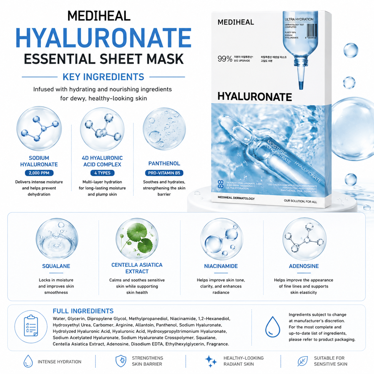MEDIHEAL moisture boosting facial mask with hyaluronate for healthy skin barrier