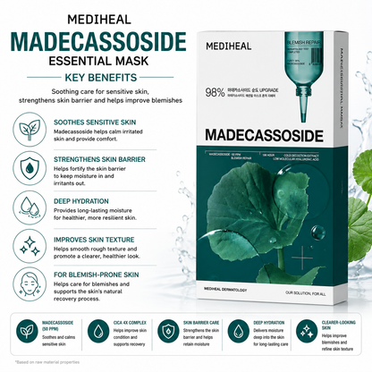 MEDIHEAL Madecassoside Essential Mask key benefits including soothing sensitive skin hydration skin barrier support and blemish care