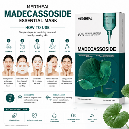 How to use MEDIHEAL Madecassoside Essential Mask for soothing hydration and skin barrier care