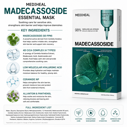 MEDIHEAL Madecassoside Essential Mask ingredients featuring Madecassoside CICA Complex Hyaluronic Acid Ceramide and Panthenol