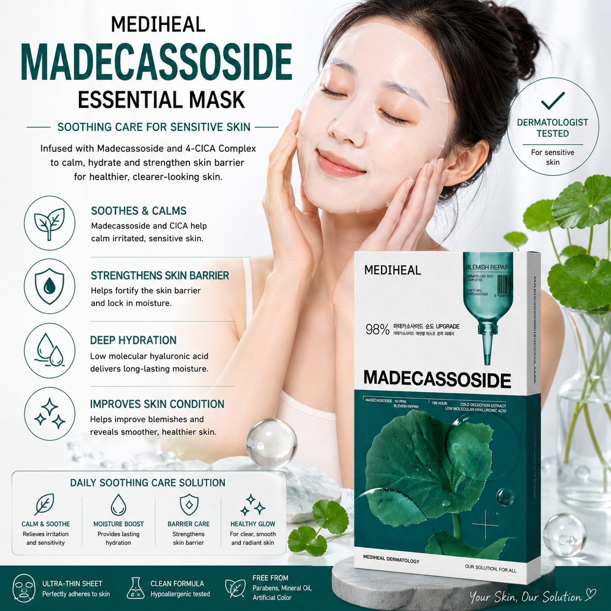 Woman using MEDIHEAL Madecassoside Essential Mask for soothing sensitive skin hydration and healthy glowing complexion