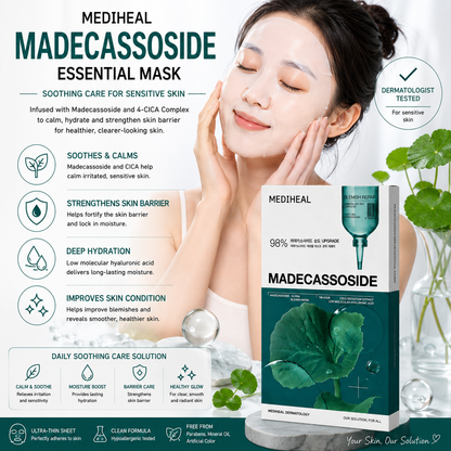 Woman using MEDIHEAL Madecassoside Essential Mask for soothing sensitive skin hydration and healthy glowing complexion