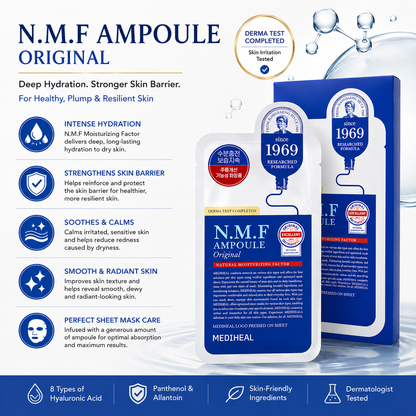 MEDIHEAL N.M.F Ampoule Original Sheet Mask benefits infographic highlighting deep hydration, skin barrier support, soothing care, radiant glow, and dermatologist-tested formula.