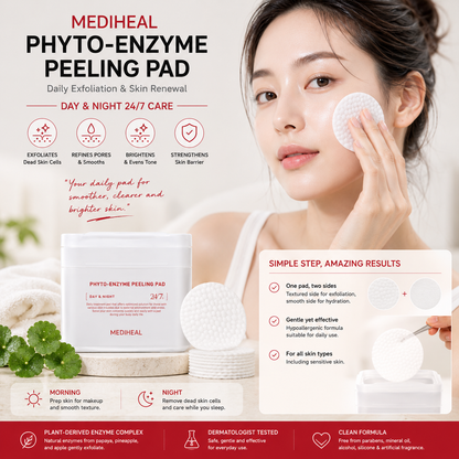 Woman using MEDIHEAL Phyto-Enzyme Peeling Pad for daily exfoliation and skin renewal featuring dual textured toner pads for smoother brighter and healthier skin