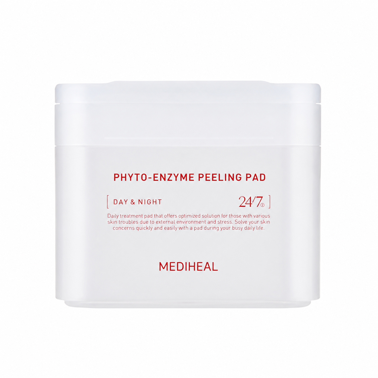 MEDIHEAL Phyto-Enzyme Peeling Pad 90 Pads daily exfoliating facial toner pads in white container with red lettering on clean white background
