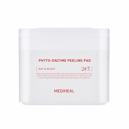 MEDIHEAL Phyto-Enzyme Peeling Pad 90 Pads daily exfoliating facial toner pads in white container with red lettering on clean white background