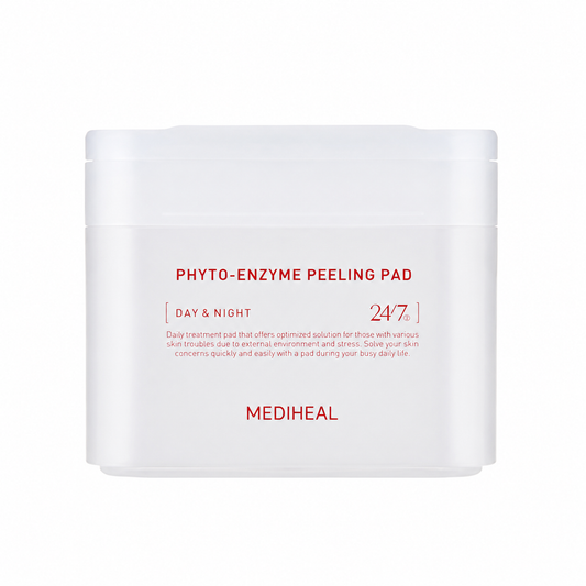 MEDIHEAL Phyto-Enzyme Peeling Pad 90 Pads daily exfoliating facial toner pads in white container with red lettering on clean white background