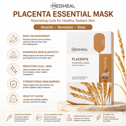 MEDIHEAL Placenta Essential Mask benefits including deep nourishment, skin elasticity, brightening, hydration, and skin barrier support