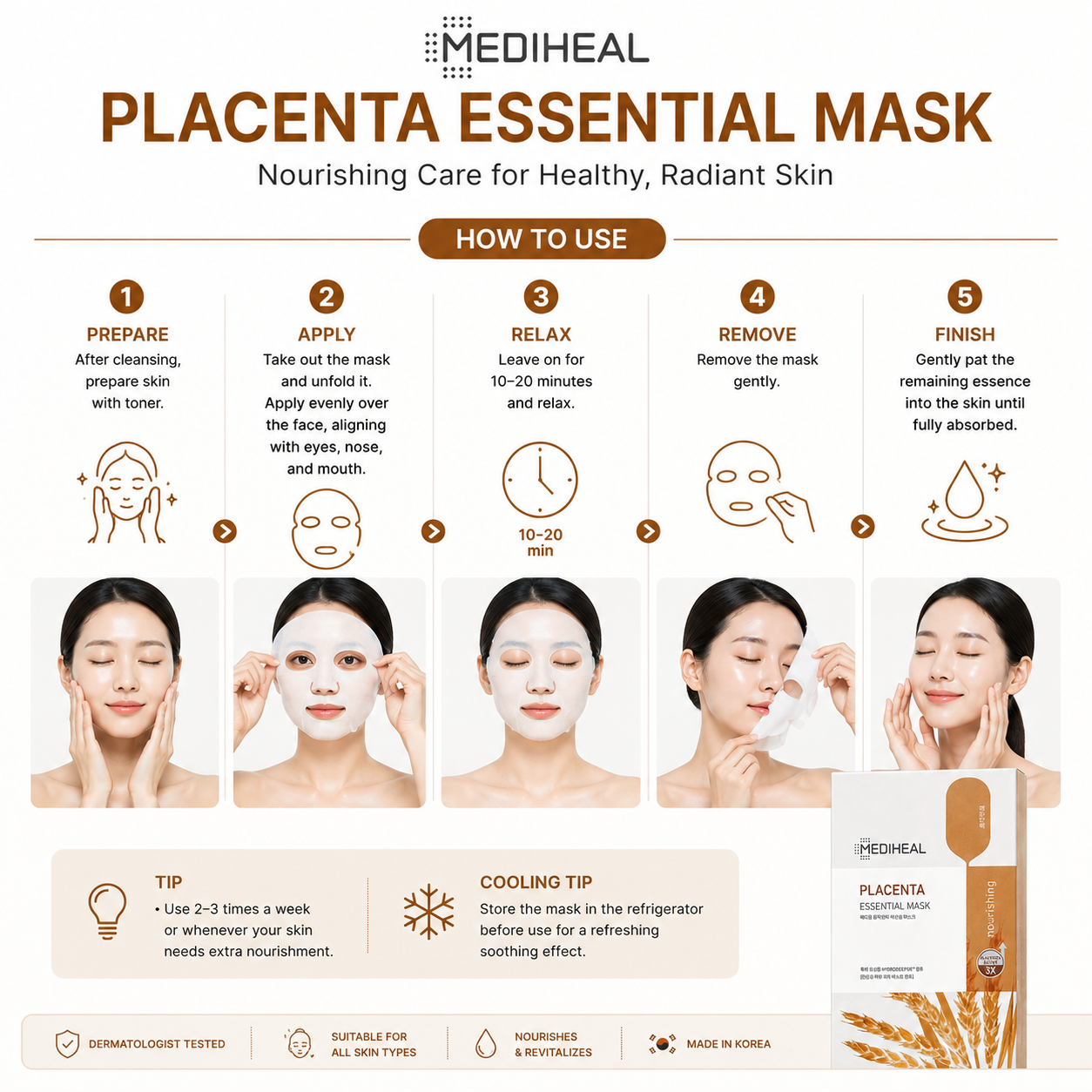 How to use MEDIHEAL Placenta Essential Mask 24g for nourished, hydrated, and radiant-looking skin