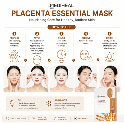 How to use MEDIHEAL Placenta Essential Mask 24g for nourished, hydrated, and radiant-looking skin