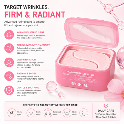 MEDIHEAL Retinol Collagen Capsule Patch benefits infographic showing wrinkle lifting, skin firming, hydration, radiance boost and skin barrier care