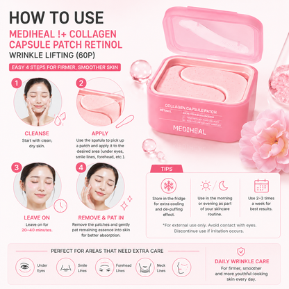 How to use MEDIHEAL Retinol Collagen Capsule Patch showing cleanse, apply patch, leave on for 20 to 40 minutes and remove for wrinkle care