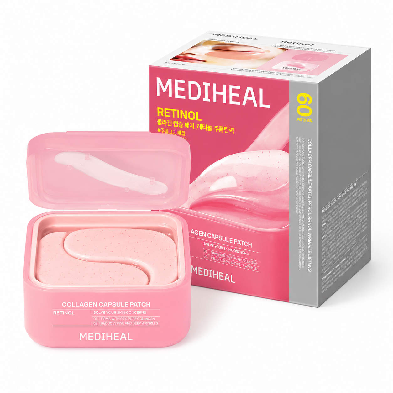 MEDIHEAL Retinol Collagen Capsule Patch Wrinkle Lifting 60 patches pink hydrogel eye patch container with retail box on white background