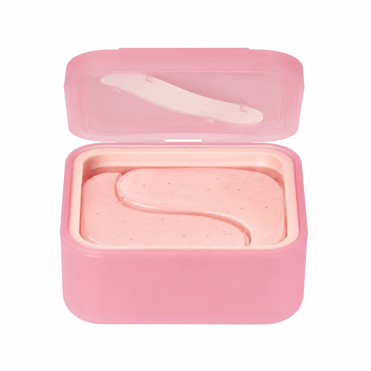 MEDIHEAL Retinol Collagen Capsule Patch Wrinkle Lifting hydrogel patch container open with spatula and pink collagen eye patches
