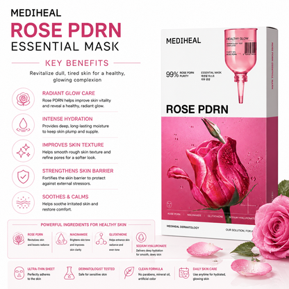 MEDIHEAL Rose PDRN Essential Mask benefits including glow care, hydration, skin barrier support and soothing care