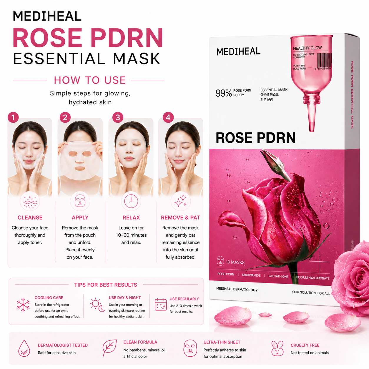 How to use MEDIHEAL Rose PDRN Essential Mask for glowing and hydrated skin