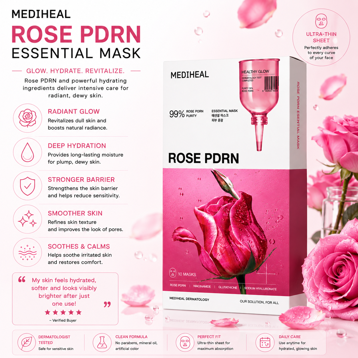 MEDIHEAL Rose PDRN Essential Mask for radiant glowing skin and daily Korean skincare routine