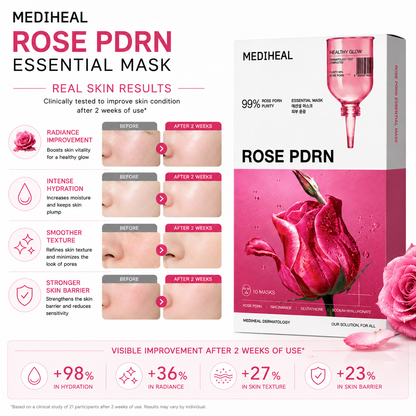 MEDIHEAL Rose PDRN Essential Mask skin results showing improved radiance, hydration and skin texture