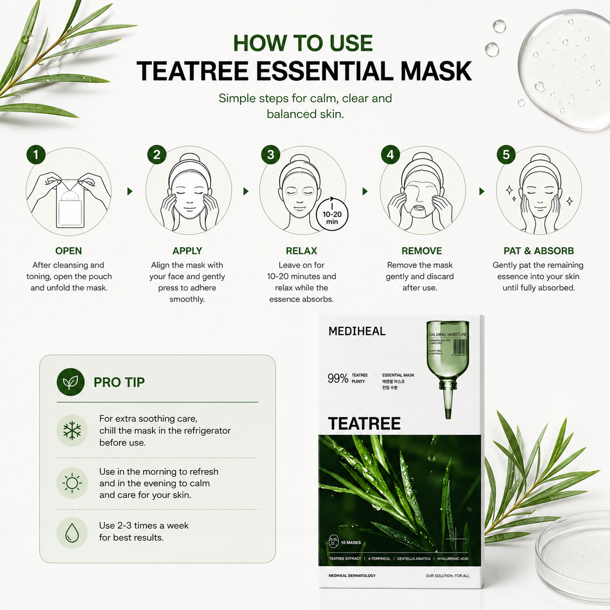 How to use Mediheal Teatree Essential Mask infographic with step by step sheet mask application instructions